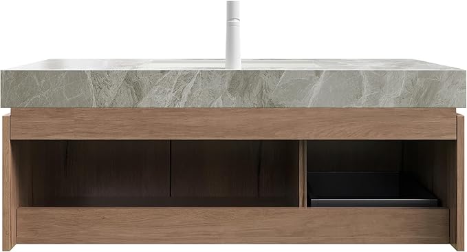 KEIKI 48 Inch Floating Bathroom Vanity with Sink, Modern Wall Mounted Storage Cabinet with Drawer, Pre-Assembled Waterproof Wood Panels, Sintered Stone Top & Ceramic Basin Combo Set, White Oak & Grey