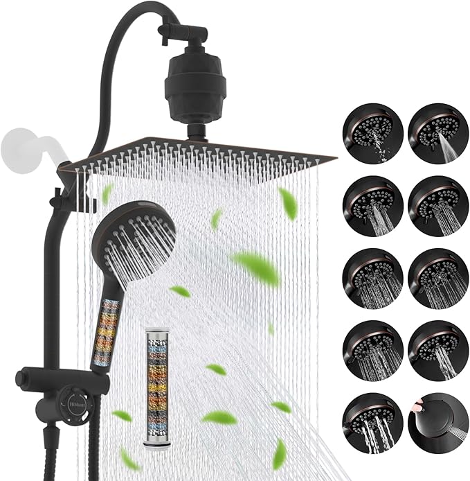 Hibbent 12" Dual Filtered 10" Rainfall Shower Head with Handheld 10-Spray | High Pressure Metal Oil-Rubbed Bronze Showerhead Combo with Filter, Extension Arm with 4-way Diverter, 71'' Hose & Holder