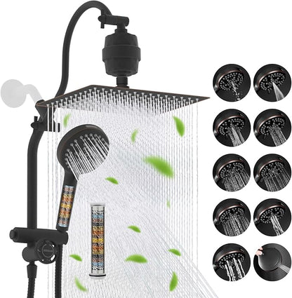 Hibbent 12" Dual Filtered 10" Rainfall Shower Head with Handheld 10-Spray | High Pressure Metal Oil-Rubbed Bronze Showerhead Combo with Filter, Extension Arm with 4-way Diverter, 71'' Hose & Holder