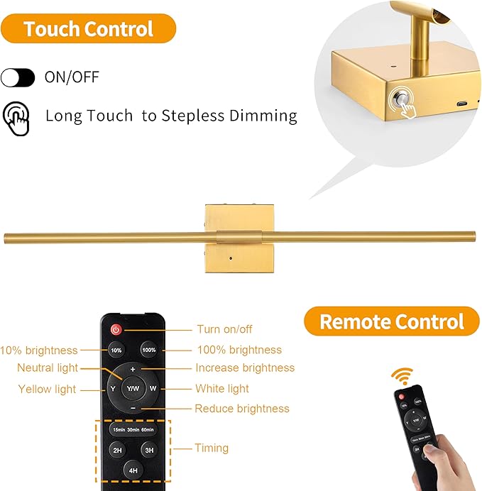 40″ Gold Battery Operated Wall Sconces Set of Two, Dimmable Wall Sconces with Remote Control, Rechargeable Sconces Wall Lighting, LED Wireless Wall Lights for Bedroom, Living Room, Bathroom