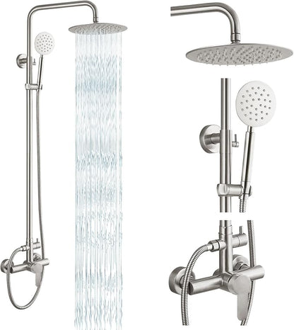 gotonovo Outdoor Shower 304 Stainless Steel, Brushed Nickel, Single Handle | Rain 8 Inch Outdoor Shower Head with Handheld Kit Fixtures System Faucet Set with Valve Wall Mount for Seaside Backyard Pool