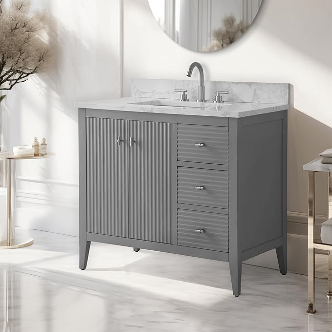 Vanity Art 36 inch Bathroom Vanity with Single Sink & Ceramic Top, Vanity Cabinet with Soft-Closing Door, Solid Wood Frame, Linear Pattern, Cashmere Gray, Golden Brushed Handware VA9136-G-GB