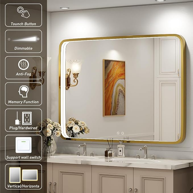 40x30 Inch Gold Frame LED Bathroom Mirror,ETL Listed | Anti-Fog,3 Color 3000K/4500K/6000K Dimmable,Horizontal & Vertical,Wall Mounted,Memory Function
