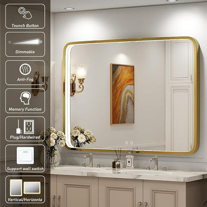 40x30 Inch Gold Frame LED Bathroom Mirror,ETL Listed | Anti-Fog,3 Color 3000K/4500K/6000K Dimmable,Horizontal & Vertical,Wall Mounted,Memory Function
