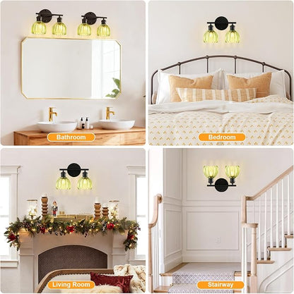 Bathroom Light Fixtures, 2-Light Black Vanity Lights for Bathroom with Green Tulip Glass Shade, 12" Vintage Bathroom Vanity Lighting Fixtures Over Mirror for Bedroom Living Room Hallway