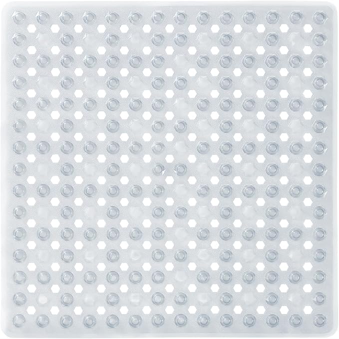 Yimobra Square Shower Floor Mat Non Slip, 21"X21" Machine Washable Bath Tub Mat, Soft on Feet, Bathmat with Drain Holes and Suction Cups, Fast Draining, Clear