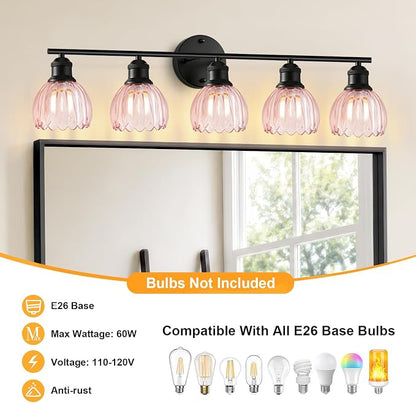 Bathroom Light Fixtures, 5-Light Brushed Black Vanity Lights for Bathroom with Pink Tulip Glass Shade, 30" Vintage Bathroom Vanity Lighting Fixtures Over Mirror for Bedroom Living Room Hallway