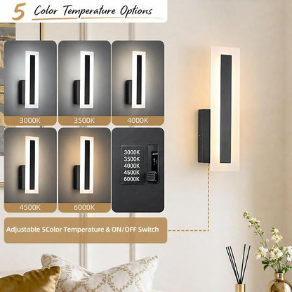 Hardwired Wall Sconces Set of 2 Dimmable Black LED Wall Light | 14Inch Modern Bathroom Vanity Light 3000K 3500K 4000K 5000K 6000K , Indoor Wall Lights for Bedroom, Living Room,Hallway