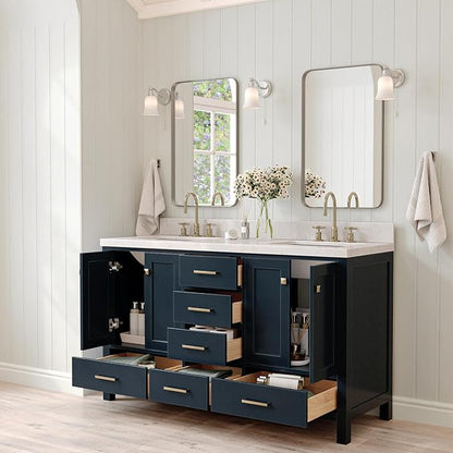 ARIEL Cambridge 60-inch Bathroom Vanity with Sink,Solid Wood, 1.5-inch Carrara White Quartz Countertop, Double Rectangular Porcelain Sink, 4 Soft Closing Doors, 6 Dovetail Drawers, Midnight Blue