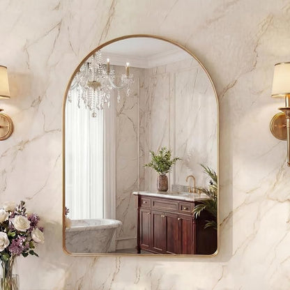 OLIXIS 30x20 Inch Arched Bathroom Wall Mirror, Rounded Rectangle, Gold | Modern Wall Mount Vanity Mirror for Over Sink with Matte Metal Deep Framed, for Home Decor, Living Room