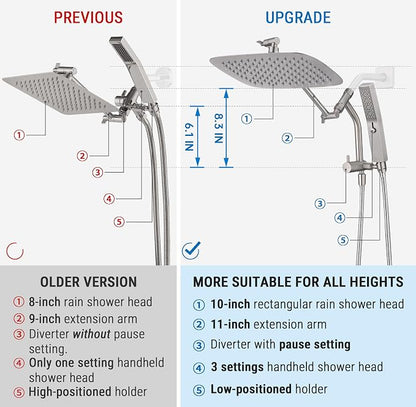 G-Promise 10 Inch All Metal Rain Shower Head with Handheld (Brushed Nickel) | Suits Every Height, Pause Mode Diverter, Massage Mode Handheld, Full Body Coverage, Easy to Install, Modern Bath Upgrade