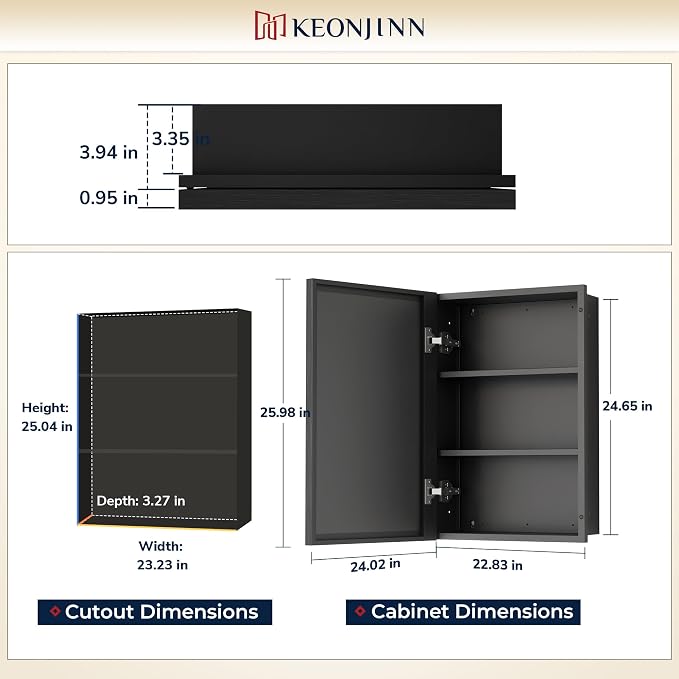 Keonjinn 24" x 26" Black Medicine Cabinets Mirror, Wall Mount or in Wall | Made In Aluminum Rust-resistant, Adjustable Shelves, Fully Assembled, Recessed Medicine Cabinet for Bathroom, Single Door