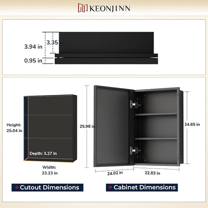 Keonjinn 24" x 26" Black Medicine Cabinets Mirror, Wall Mount or in Wall | Made In Aluminum Rust-resistant, Adjustable Shelves, Fully Assembled, Recessed Medicine Cabinet for Bathroom, Single Door