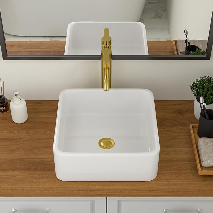 Logmey 15 Inch Bathroom Vessel Sink 15x15 Square Small White Vessel Sink for Bathroom Sink Above Counter Porcelain Ceramic Vanity Art Countertop Sink