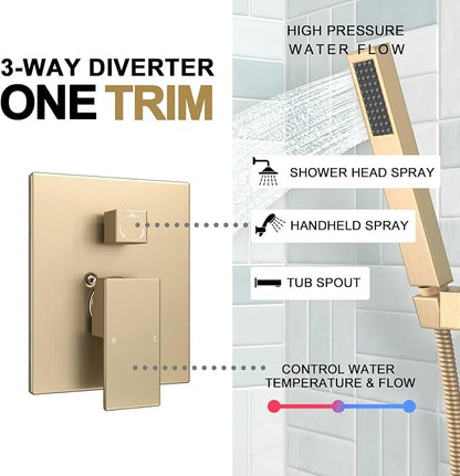 Lava Odoro Modern 3-Setting Square Shower and Tub Faucet Set with Shower Head and Handheld Sprayer Gold, Rainfall Shower System with Tub Spout, Shower Valve Trim Kit, Champagne Gold, SF103-CB-T