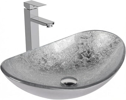 36" Farmhouse Bathroom Vanity with Sink, Bathroom Storage Cabinet with Sliding Barn Doors & Drawers, Freestanding Vanity with Boat Silver Glass Vessel Sink Combo Set