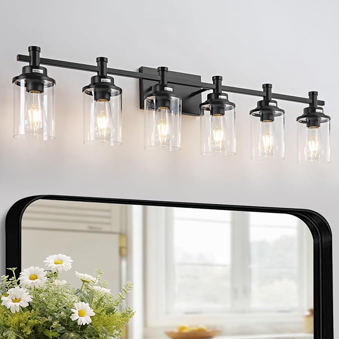 Modern Black Bathroom Vanity Lighting Over Mirror,6 Lights Bathroom Vanity Lights with Clear Glass Shade, Metal Vanity Lights for Bathroom,Bedroom,Living Room
