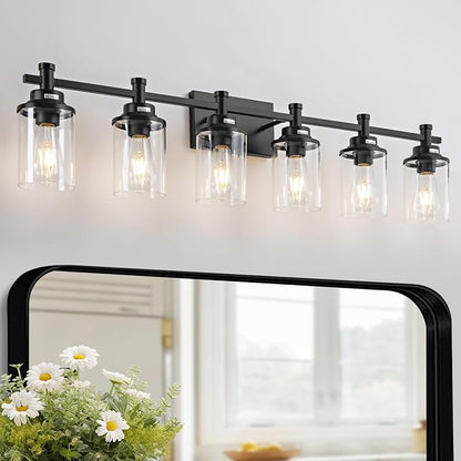 Modern Black Bathroom Vanity Lighting Over Mirror,6 Lights Bathroom Vanity Lights with Clear Glass Shade, Metal Vanity Lights for Bathroom,Bedroom,Living Room