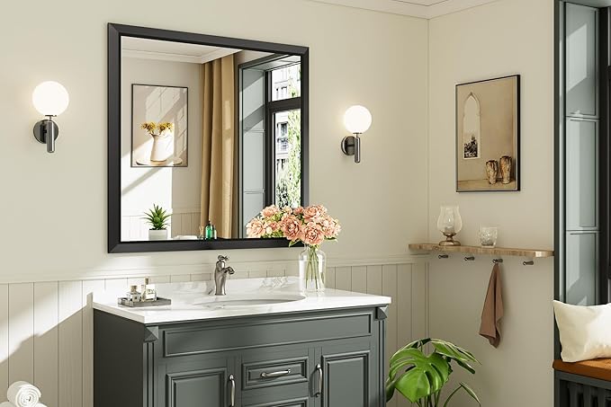40.1x38.1 Inch Black Bathroom Mirror for Wall, Thick Metal Framed Rectangle Mirrors for Over Sink, Bedroom, Living Room, Entryway, Anti-Rust, HD Tempered Glass