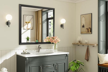 40.1x38.1 Inch Black Bathroom Mirror for Wall, Thick Metal Framed Rectangle Mirrors for Over Sink, Bedroom, Living Room, Entryway, Anti-Rust, HD Tempered Glass