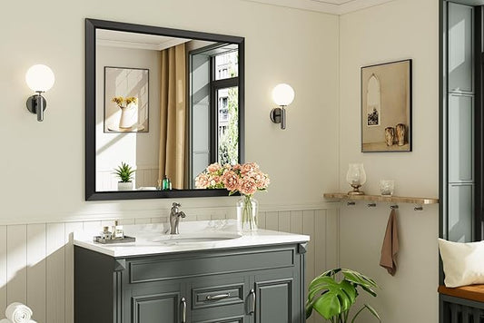 40.1x38.1 Inch Black Bathroom Mirror for Wall, Thick Metal Framed Rectangle Mirrors for Over Sink, Bedroom, Living Room, Entryway, Anti-Rust, HD Tempered Glass
