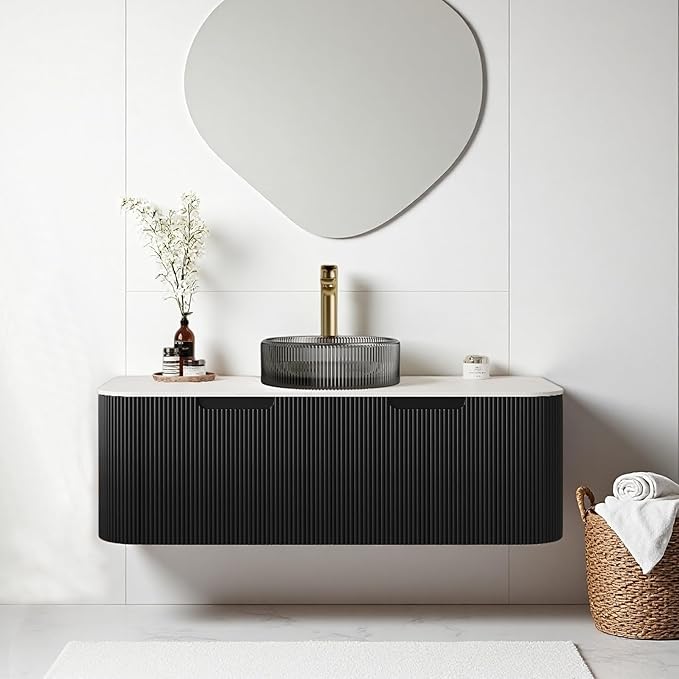 48" Floating Bathroom Vanity with Sink, Plywood Bathroom Cabinet with Round Crystal Glass Basin and Ultra-Thin Marble Top, 2 Large Soft-Closing Storage Drawers, Pre-Assembled, Gloss Black
