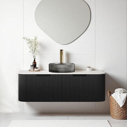 48" Floating Bathroom Vanity with Sink, Plywood Bathroom Cabinet with Round Crystal Glass Basin and Ultra-Thin Marble Top, 2 Large Soft-Closing Storage Drawers, Pre-Assembled, Gloss Black