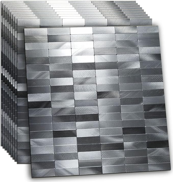 XUANINY Peel and Stick Tile Backsplash Self- Adhesive Wall Tiles Aluminum Mosaic Sticker for Kitchen (11.33"x11.92" Per Sheet, Pack of 10 pcs) (Long Silver Grey)