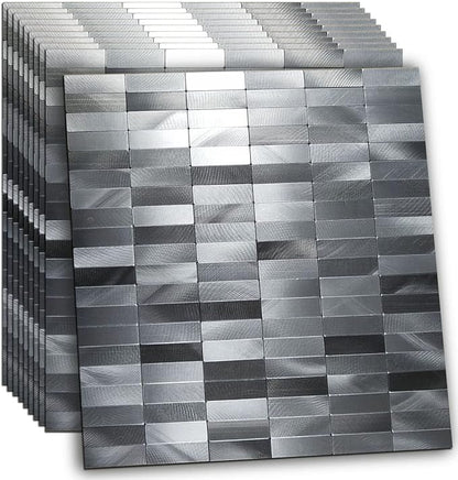 XUANINY Peel and Stick Tile Backsplash Self- Adhesive Wall Tiles Aluminum Mosaic Sticker for Kitchen (11.33"x11.92" Per Sheet, Pack of 10 pcs) (Long Silver Grey)