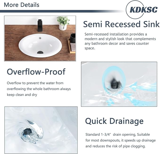 Bathroom Vessel Sink 18'' x 15'' Semi Recessed Bathroom Sink Oval Drop In Sink with Overflow White Ceramic Modern Vessel Sinks for Bathroom
