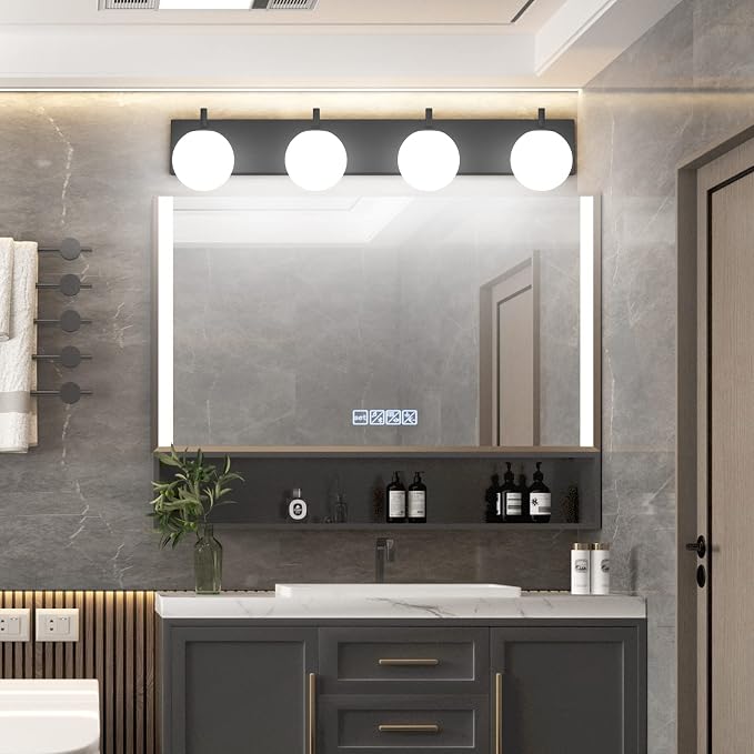 Aipsun Bathroom Light Fixtures, 4 Lights Matte Black Vanity Light, Modern Wall Sconces Lighting, Modern Bath Wall Mounted Lights with Milky Glass Globe(Exclude Bulb)