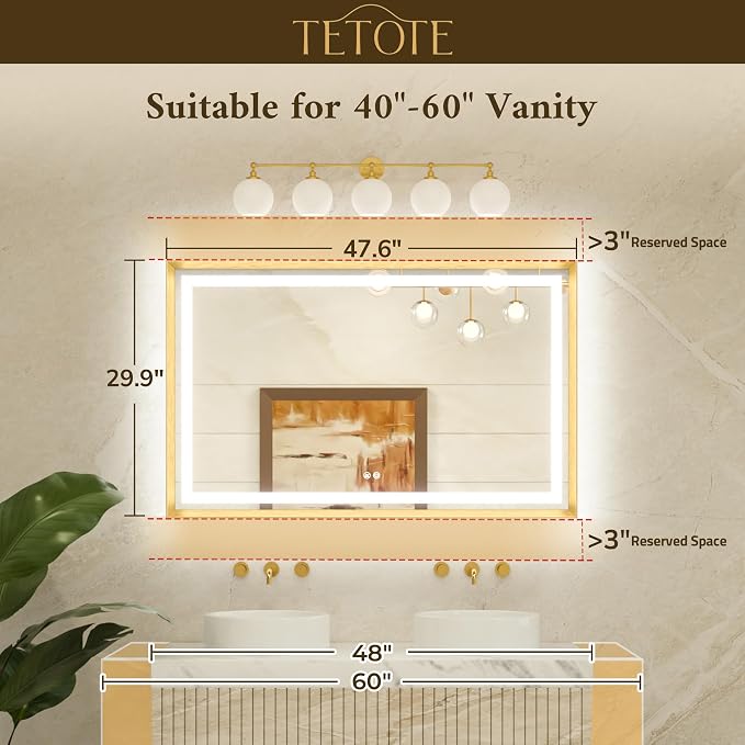48 x 30 Large Bathroom Mirror Brushed Gold Metal Frame Frontlit & Backlit Vanity Mirror 3 Colors White/Warm/Natural Stepless Dimmable Anti-Fog Bathroom Mirrors for Vanity Wall-Mounted