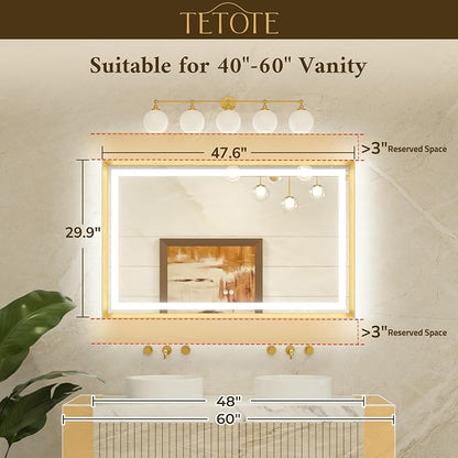 48 x 30 Large Bathroom Mirror Brushed Gold Metal Frame Frontlit & Backlit Vanity Mirror 3 Colors White/Warm/Natural Stepless Dimmable Anti-Fog Bathroom Mirrors for Vanity Wall-Mounted