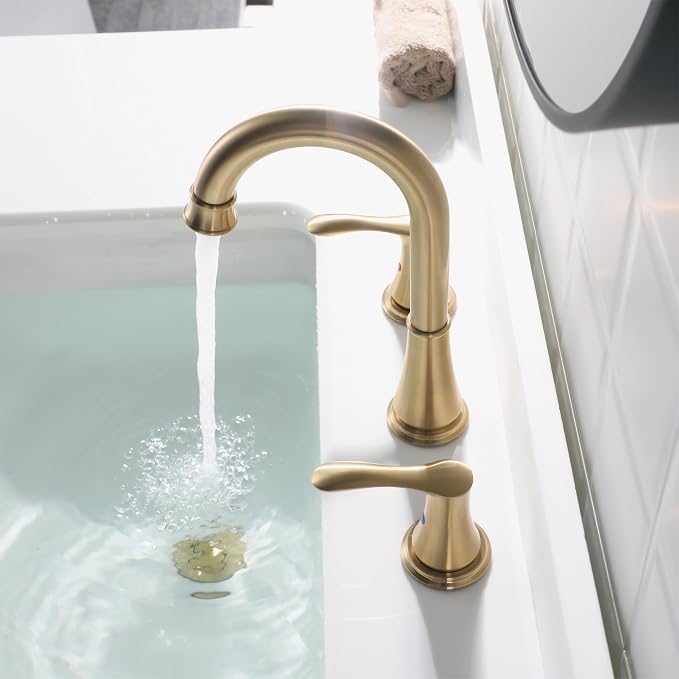 Brushed Gold Widespread Bathroom Sink Faucet 8 Inch for Vanity | with All Metal Pop Up Drain, High Arc 2 Handle Lead-Free Deck Mount Bathroom Faucet for 3 Hole Lavatory Utility Sink