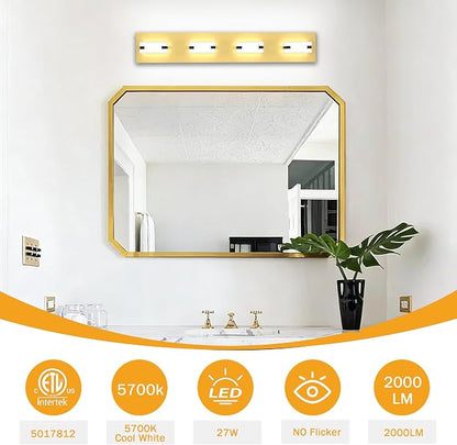 LED Gold Bathroom Light Fixtures, 4-Light 27W 5700K Modern Vanity Lights | NOVELUX LED Gold Bathroom Light Fixtures, 4-Light 5700K Modern Vanity Lights , ETL Listed, 27W
