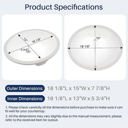 Enbol 16x13 inch Oval Undermount Ceramic Bathroom Sink - White Porcelain Vessel Lavatory Basin with Overflow, Countertop Vanity Sink ECU1613-1