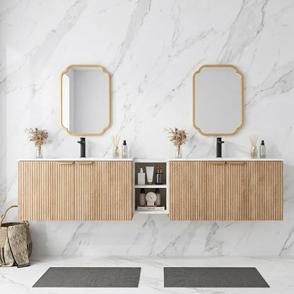 84 Inch Floating Bathroom Vanity with Double Sink, Bathroom Double Sink Cabinet with Soft Close Door Waterproof Storage, Wood Color(wt)