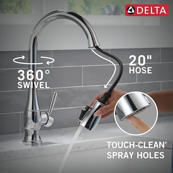 Delta Hazelwood Chrome Kitchen Faucet with Pull Down Sprayer and Soap Dispenser, Modern Single Hole Kitchen Sink Faucet, Single Handle, Chrome 19831Z-SD-DST
