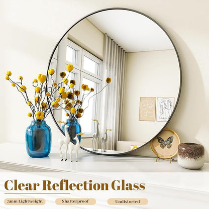 Black Round Bathroom Mirror 24", Thin Metal Frame Wall Mirror | Circle Vanity Mirror for Over Sink, Hanging or Leaning Decor for Hallway, Entryway, Fireplace Mantel, Living Room