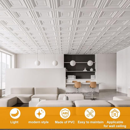 Nuanchu 90 Pcs Drop Ceiling Tiles 12x12 Inch, Glue up PVC Wall Panels,White | Cuttable, Paintable, DIY, Waterproof, 3D Decorative Ceiling Panels for Bathroom Kitchen TV Background Living Room
