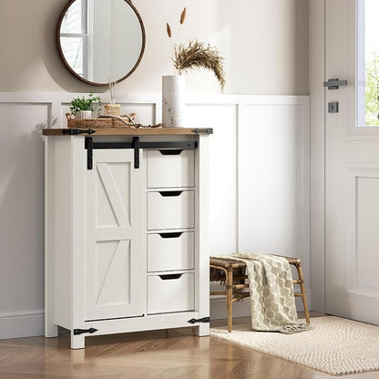 HOOBRO Bathroom Storage Cabinet, Farmhouse Cabinet with Sliding Barn Door, Adjustable Shelf and 4 Drawers, 11.8" D x 23.6" W x 31.9" H, Freestanding for Bathroom, Kitchen, White and Walnut