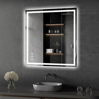 Koonmi 32x30 LED Bathroom Mirror with Light, Anti-Fog, 3 Colors | Backlit + Front Lit, Dimmable Brightness, Shatterproof HD Distortion-Free Tempered Glass, Hardware Included