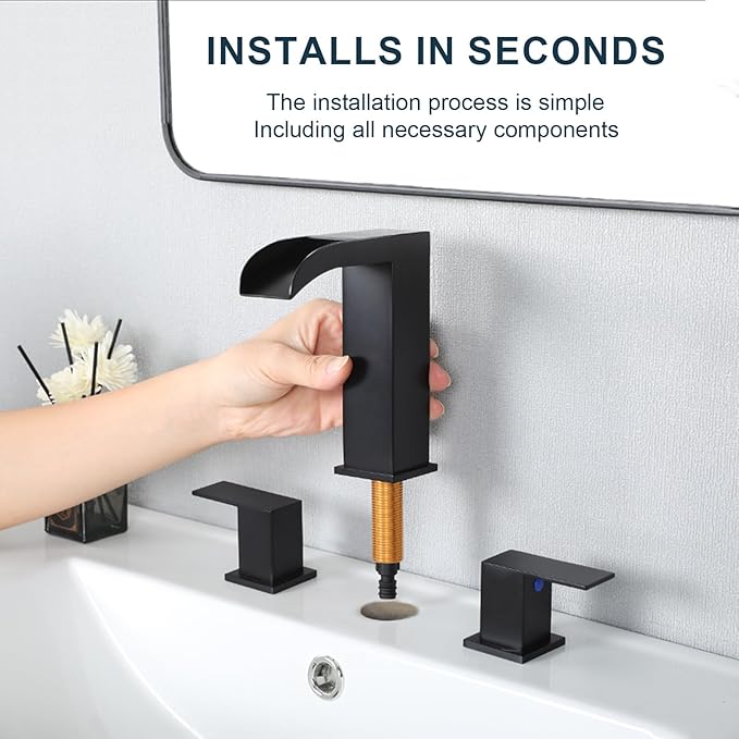 VCCUCINE Matte Black Bathroom Faucets 3 Hole, 8 Inch Widespread Square Waterfall Bathroom Sink Faucet,Black Vanity Bathroom Faucets for Vanity, Restroom, Commercial with Pop Up Drain and Supply Lines