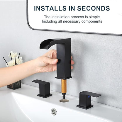 VCCUCINE Matte Black Bathroom Faucets 3 Hole, 8 Inch Widespread Square Waterfall Bathroom Sink Faucet,Black Vanity Bathroom Faucets for Vanity, Restroom, Commercial with Pop Up Drain and Supply Lines