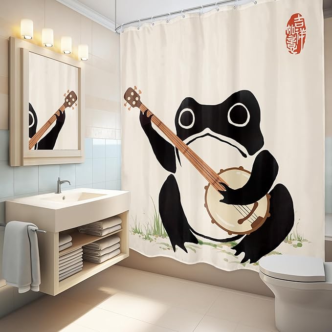 LGhtyro Funny Frog Shower Curtain Bathroom Set 60Wx71H Inches Japanese Asian Style Cute Animal Playing Banjo Vintage Traditional Art Retro Bath Accessories Beige Art Home Decor Fabric 12 Pack Hooks