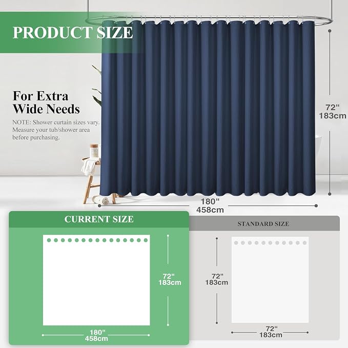Extra Wide Waffle Shower Curtain 256 GSM Fabric 180x72 Navy Blue | 180 Inch Wide, Thick Cloth, Weighted Hem, Water Repellent, Hotel Luxury Polyester Shower Curtain Set for Bathroom 32 Hooks