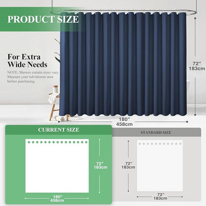 Extra Wide Waffle Shower Curtain 256 GSM Fabric 180x72 Navy Blue | 180 Inch Wide, Thick Cloth, Weighted Hem, Water Repellent, Hotel Luxury Polyester Shower Curtain Set for Bathroom 32 Hooks