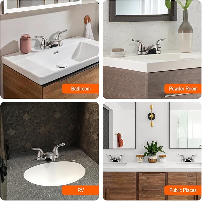 Bathroom Sink Faucets 2/3 Hole,Brushed Nickel Dual Handles 4 inch Plastic Plating Over Bathroom Faucet with Pop-up Drain and 2 Supply Hoses for Apartment Rvs Sink Vanity