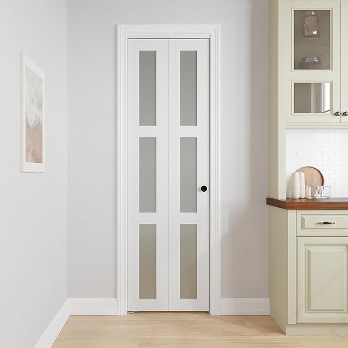 Bifold Doors for 28" x 80" Opening,3-lite Tempered Frosted Glass | Closet Folding Doors with Hardware kit Included, Easy Assembly for Pantry Closet, White,Water-Proof PVC Surface