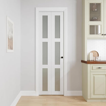 Bifold Doors for 28" x 80" Opening,3-lite Tempered Frosted Glass | Closet Folding Doors with Hardware kit Included, Easy Assembly for Pantry Closet, White,Water-Proof PVC Surface